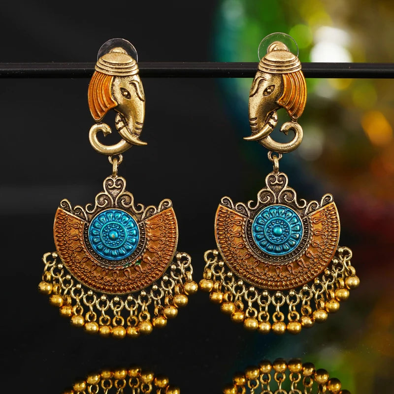 Boucles d'oreilles pendantes Éléphants avec pampilles, bijou en alliage plaqué or jaune 585 (14 ct)