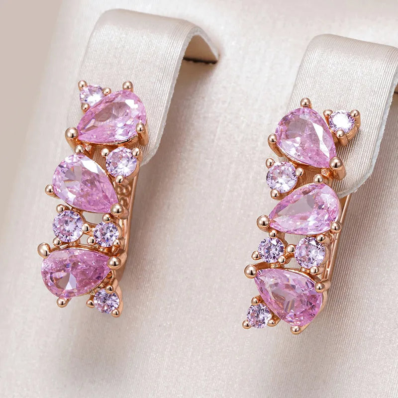 Boucles d'oreilles pavés de zircons roses, bijou en plaqué or rose 585 (14 carats) et en zircons naturels