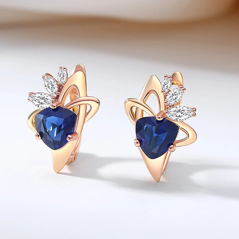 Boucles d'oreilles Zircons bleu saphir et blancs, bijou en alliage plaqué or 585 (14 carats) et en zircons naturels
