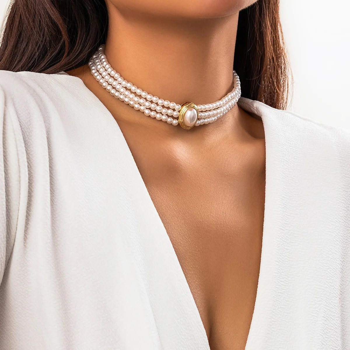 Collier multicouches de perles beige ivoire, bijou en acrylique