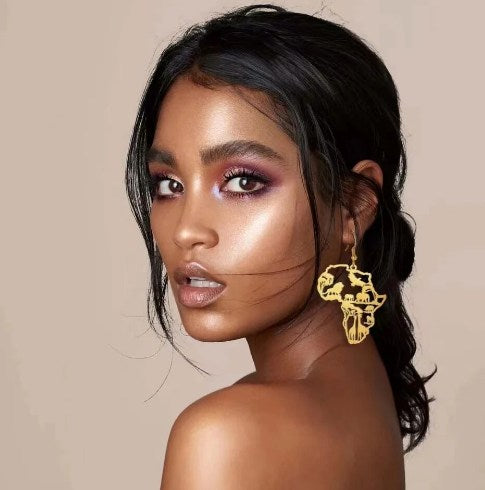 Boucles d'oreilles avec carte de l'Afrique, bijou en acier inoxydable doré
