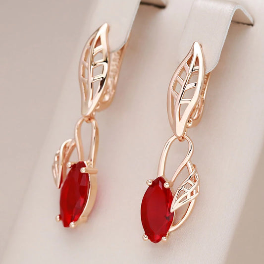 Boucles d'oreilles pendantes pierre de cristal rouge, bijou plaqué or rose 585 (14 carats) et en zircons naturels