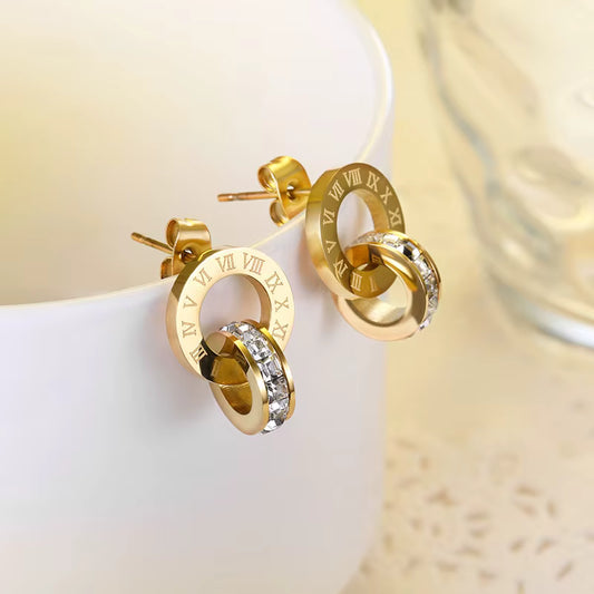 Boucles d'oreilles avec chiffres romains et zircons, bijou en acier inoxydable doré
