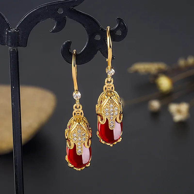 Boucles d'oreilles éléphant pierre agate rouge, bijou en acier inoxydable doré
