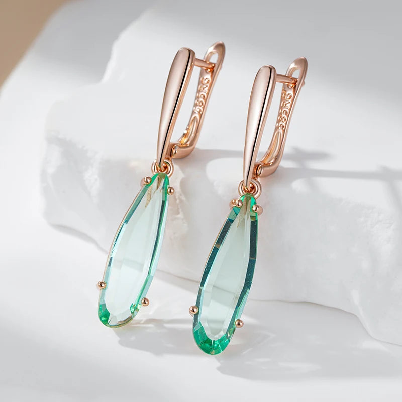 Boucles d'oreilles pendantes pierre de cristal tourmaline verte, bijou en plaqué or rose 585 (14 carats) et en cristal