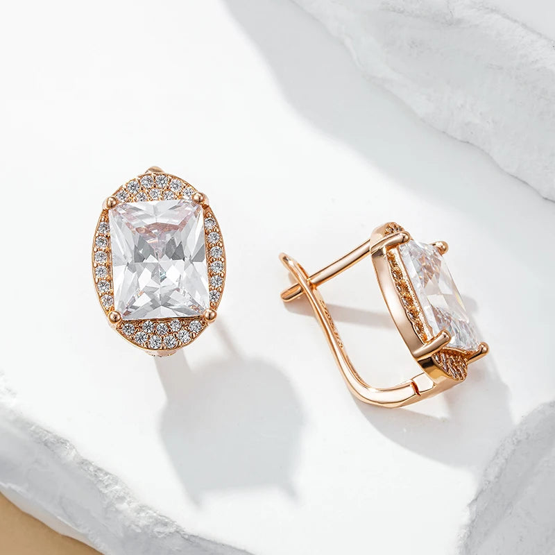 Boucles d'oreilles pierre de cristal et zircons, bijou en plaqué or rose 585 (14 carats) et en zircons naturels