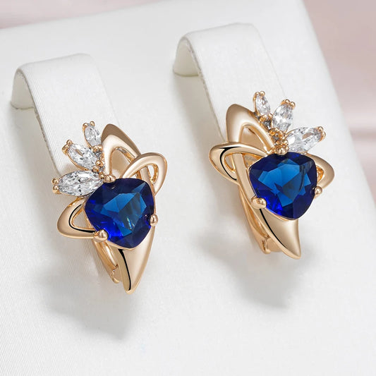 Boucles d'oreilles Zircons bleu saphir et blancs, bijou en alliage plaqué or 585 (14 carats) et en zircons naturels