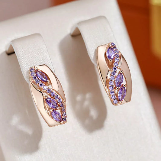 Boucles d'oreilles serties de zircons mauves, bijou en plaqué or rose 585 (14 carats) et en zircons naturels