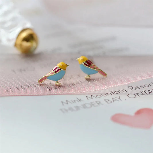 Boucles d'oreilles Oiseaux multicolores, bijou en plaqué or 585 (14 ct) et en émail