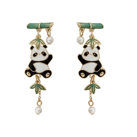 Boucles d'oreilles pendantes Pandas, bambou et perles, bijou en alliage plaqué or 585 (14 ct) et en émail