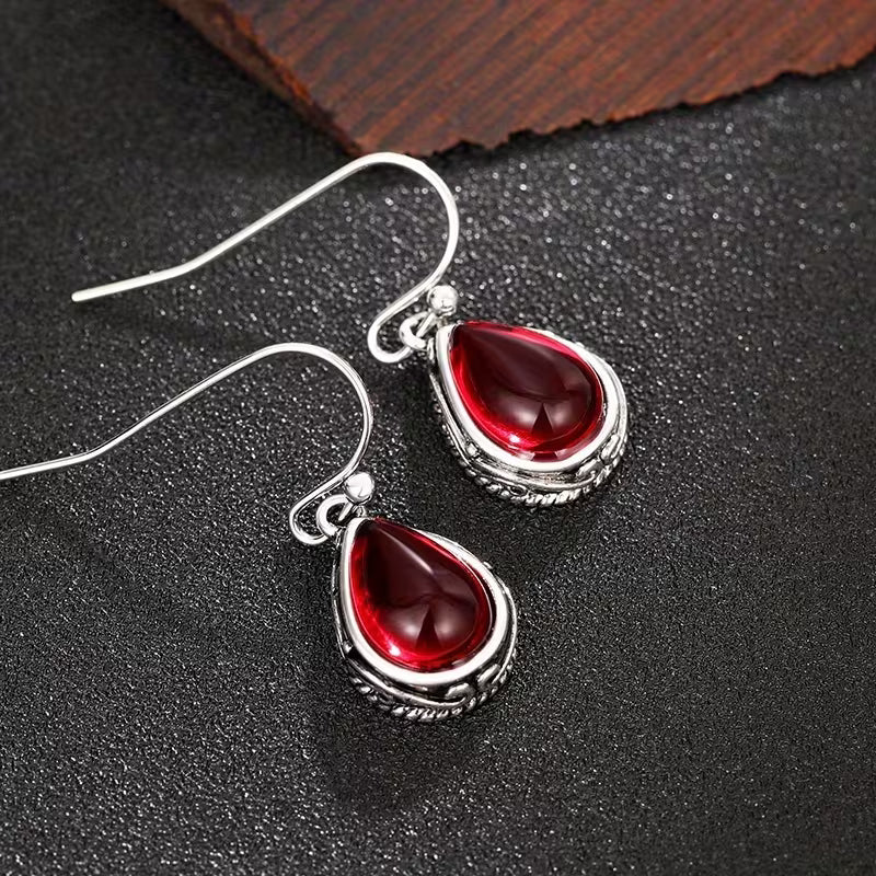 Boucles d'oreilles Goutte pierre rouge, bijou en alliage plaqué argent