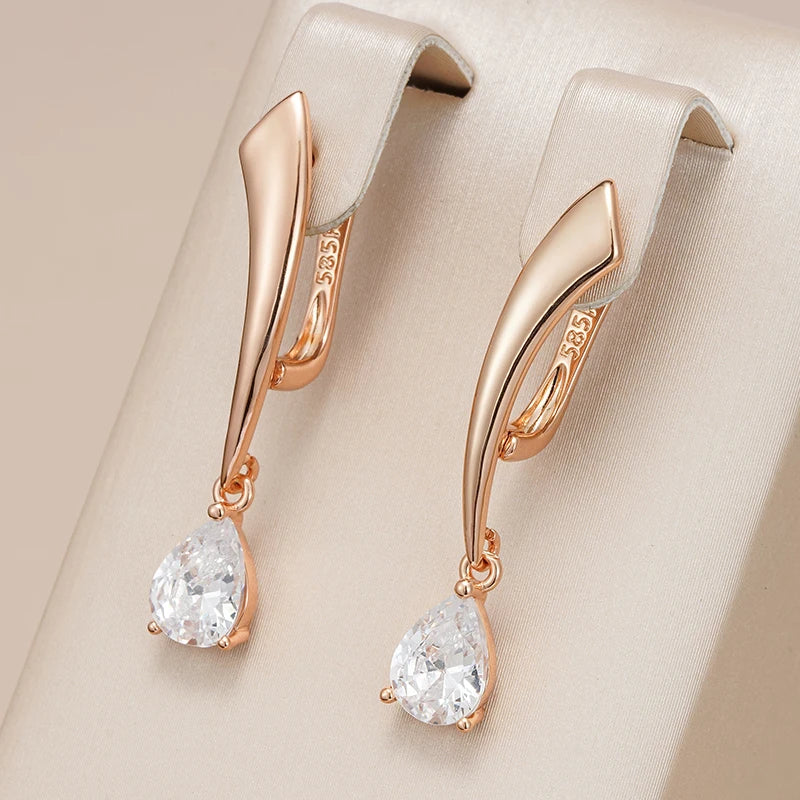 Boucles d'oreilles zircons en forme de poire, bijou en plaqué or rose 585 (14 carats) et en zircons naturels