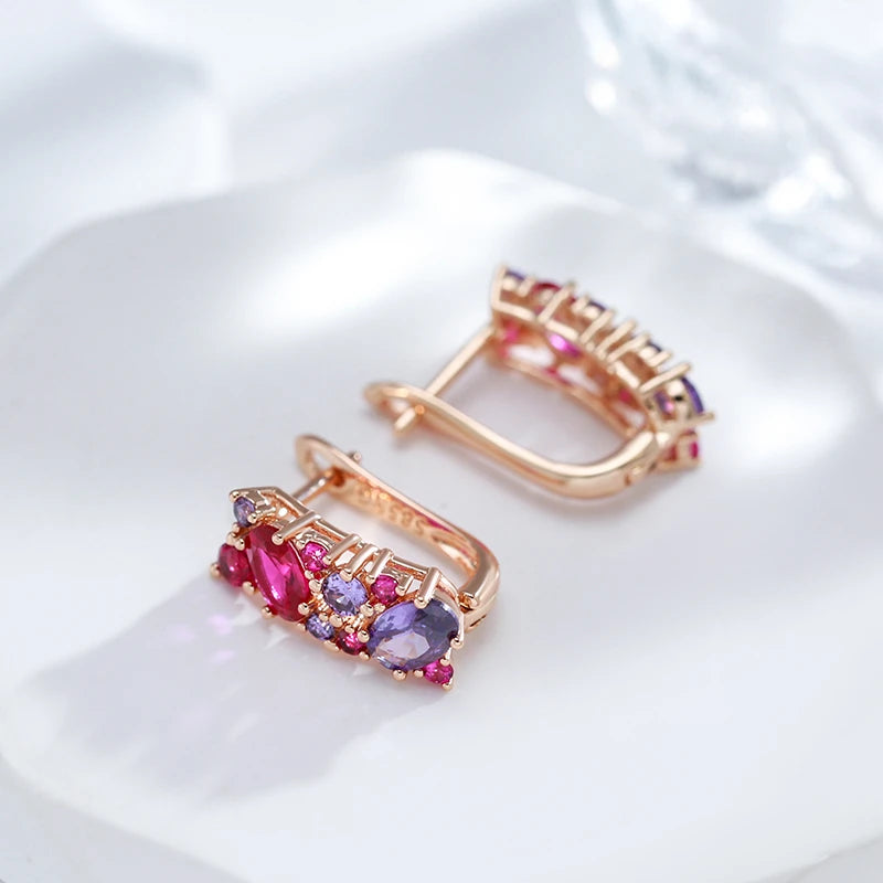 Boucles d'oreilles pavés de zircons colorés, bijou en plaqué or rose et en zircons naturels