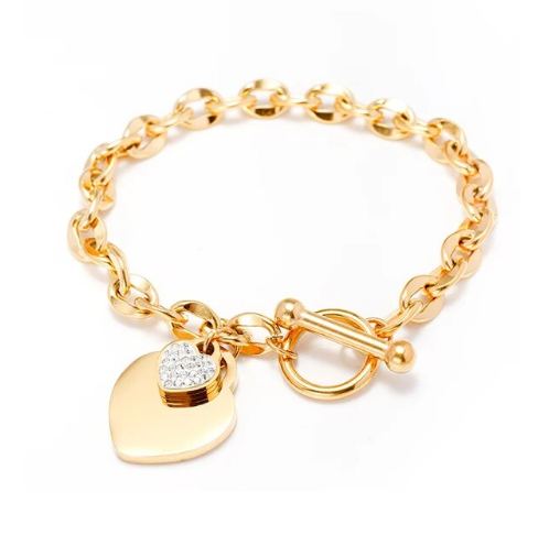 Bracelet à breloques duo de coeurs, bijou en acier inoxydable plaqué or