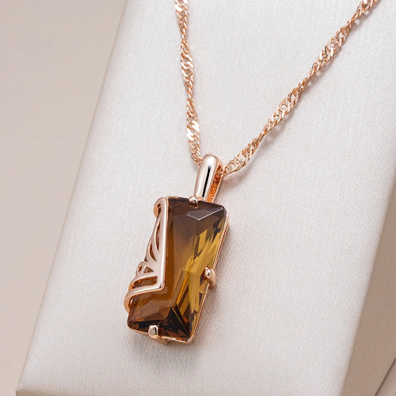 Collier pendentif en zircon marron, bijou en alliage plaqué or rose et en zircon naturel