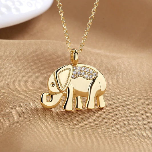 Collier Éléphant, bijou en alliage plaqué or jaune 585 (14 ct) et zircons naturels