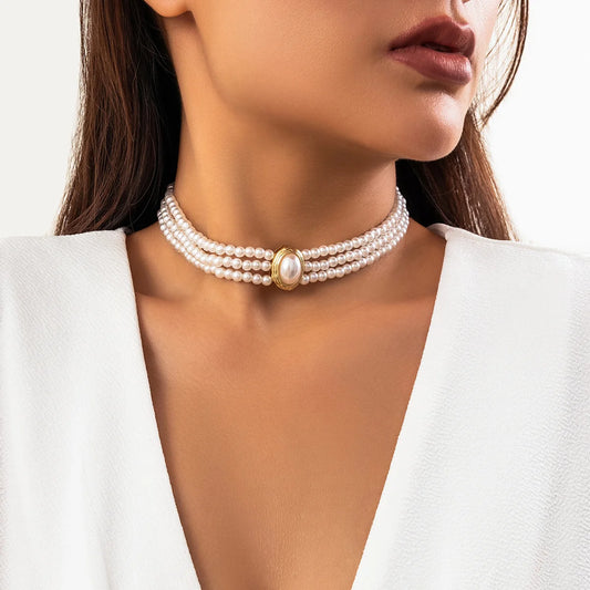 Collier multicouches de perles beige ivoire, bijou en acrylique