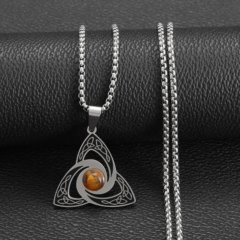 Collier Noeud de Vikings et pierre oeil de tigre, bijou en acier inoxydable et en pierre naturelle