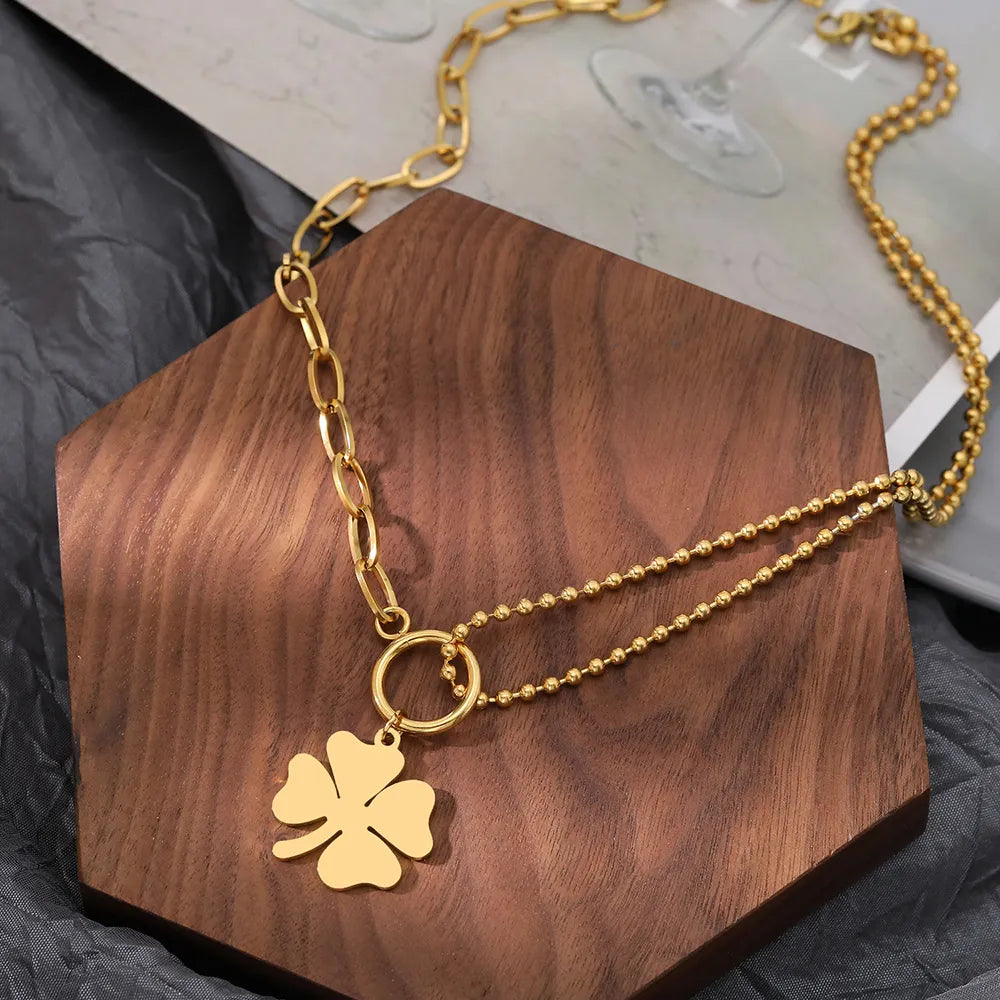 Collier asymétrique trèfle, bijou en acier inoxydable doré
