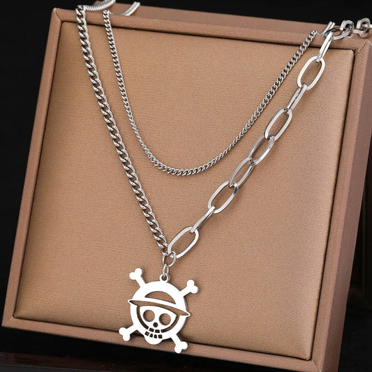 Collier duo de chaînes et pendentif pirate, bijou en acier inoxydable argenté