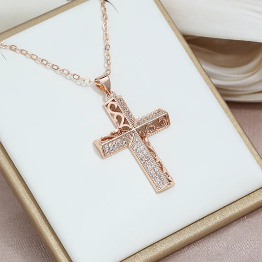 Collier Croix de Jésus avec zircons, bijou en alliage plaqué or 585 (14 carats) et en zircons naturels