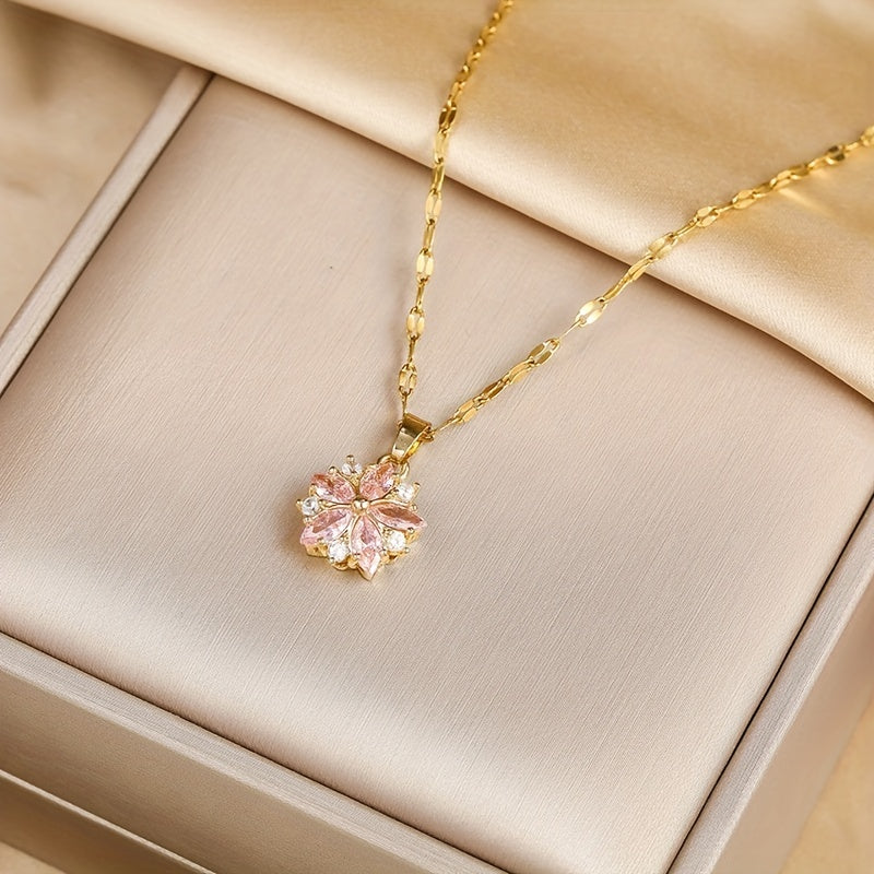 Collier Sakura, bijou en acier inoxydable plaqué or, cristaux et zircons