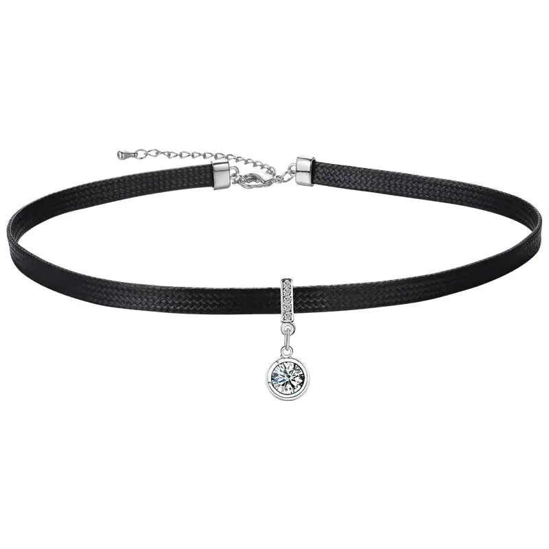 Collier ras-du-cou en cuir avec pendentif en zircon, bijou en plaqué argent