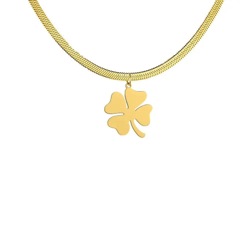 Collier trèfle à quatre feuilles, chaîne maille chevron, bijou en acier inoxydable doré