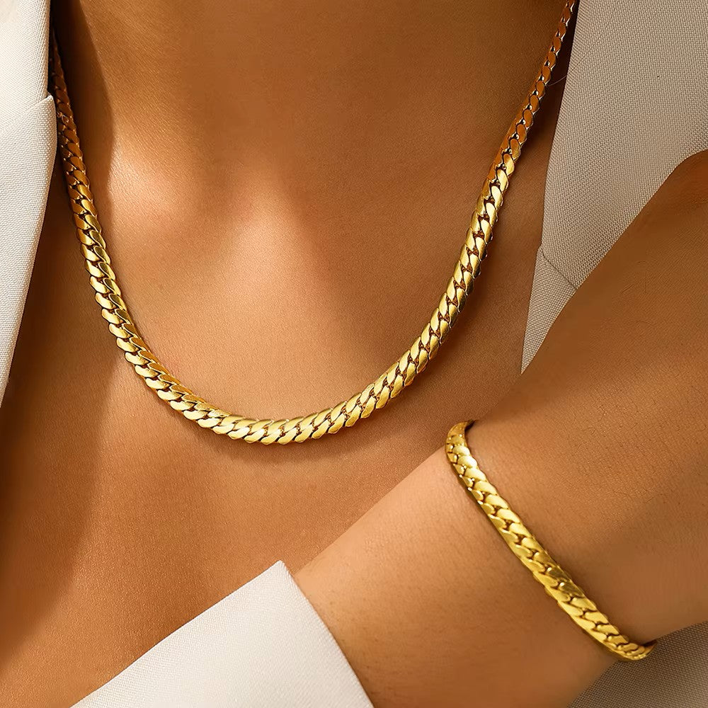 Parure de bijoux collier et bracelet, chaîne maille cubaine, bijoux en acier inoxydable doré