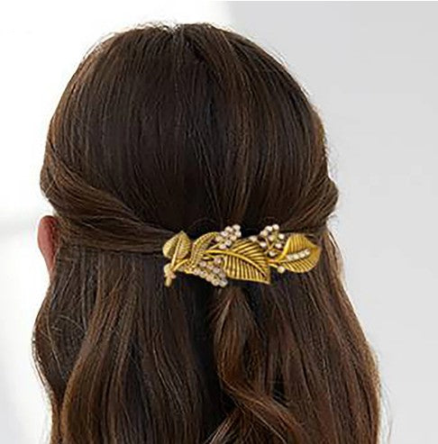 Pince à cheveux feuillage, bijou en acier inoxydable doré et en zircons naturels