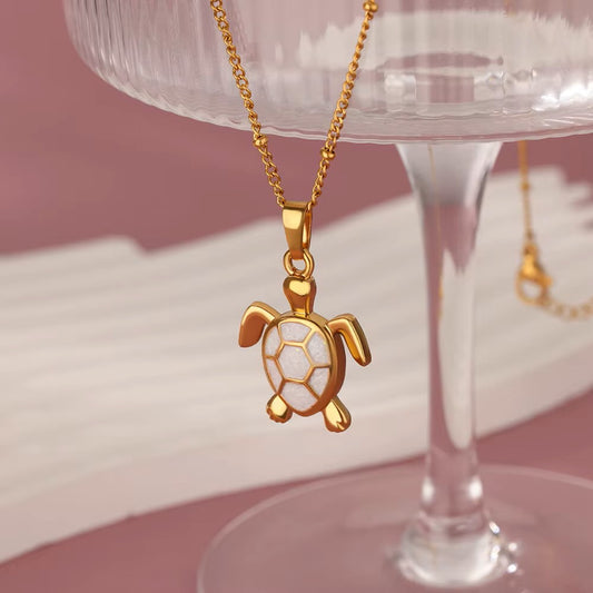 Collier Tortue blanche, bijou en acier inoxydable doré