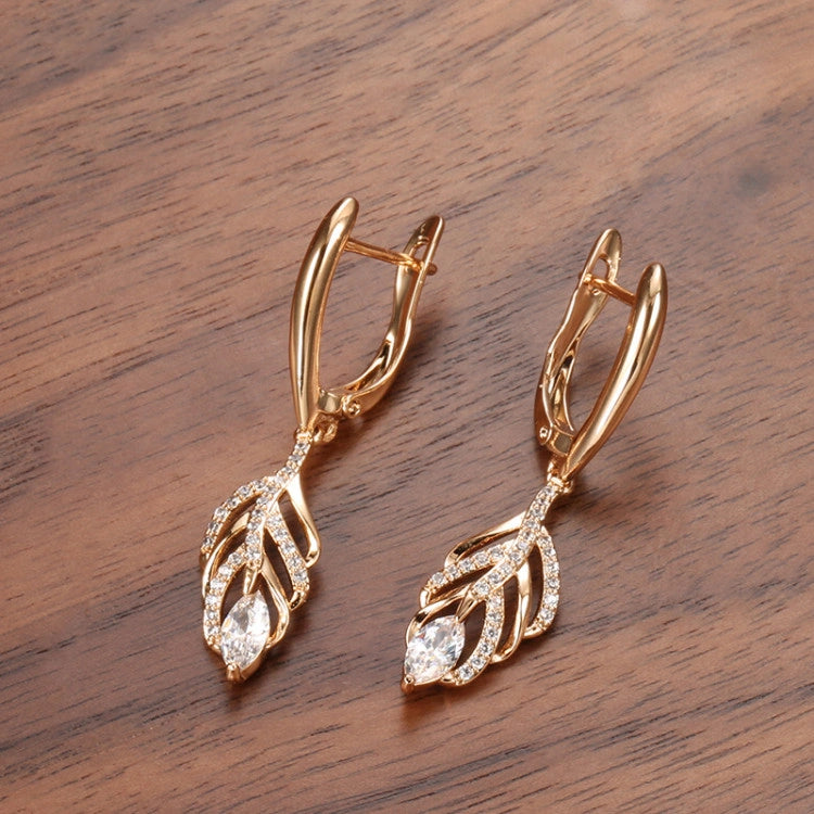 Boucles d'oreilles feuille en zircons blancs, bijou en plaqué or rose