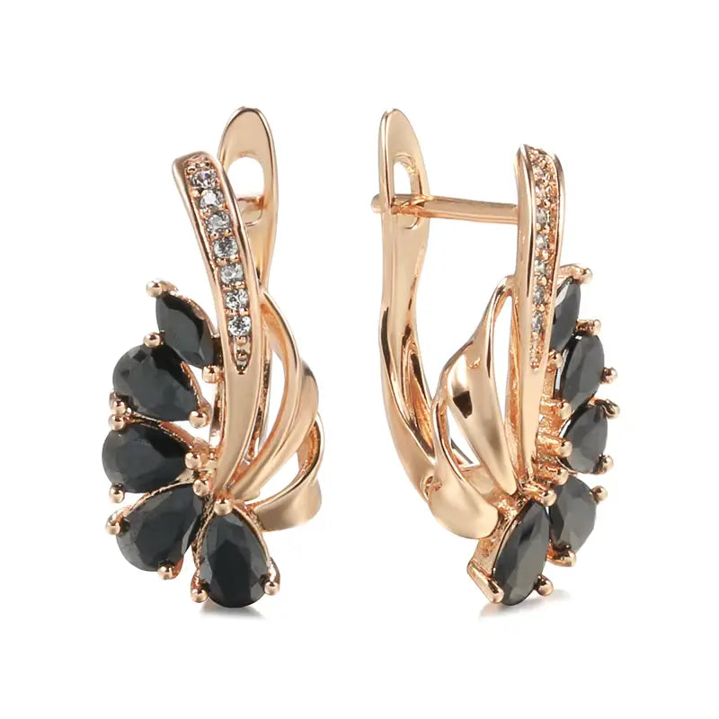Boucles d'oreilles fleur noire, bijou en plaqué or rose et en zircons naturels