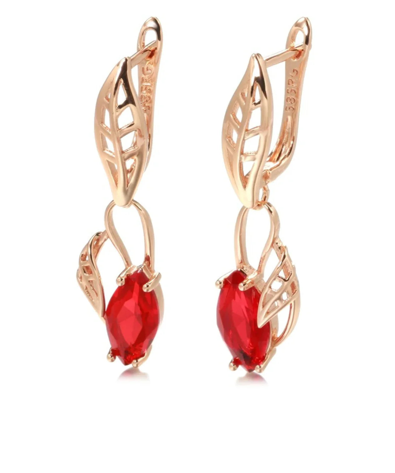 Boucles d'oreilles pendantes pierre de cristal rouge, bijou plaqué or rose 585 (14 carats) et en zircons naturels