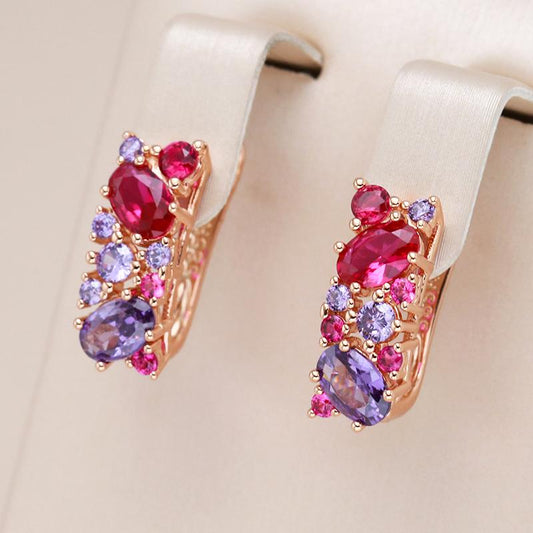 Boucles d'oreilles pavés de zircons colorés, bijou en plaqué or rose et en zircons naturels
