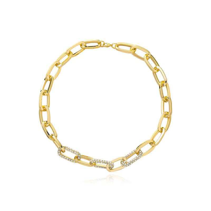 Collier ras-du-cou Maillons XL avec Zircons, bijou en acier inoxydable doré