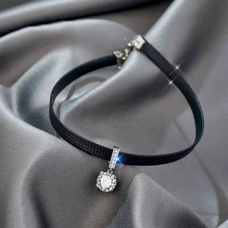 Collier ras-du-cou en cuir avec pendentif en zircon, bijou en plaqué argent