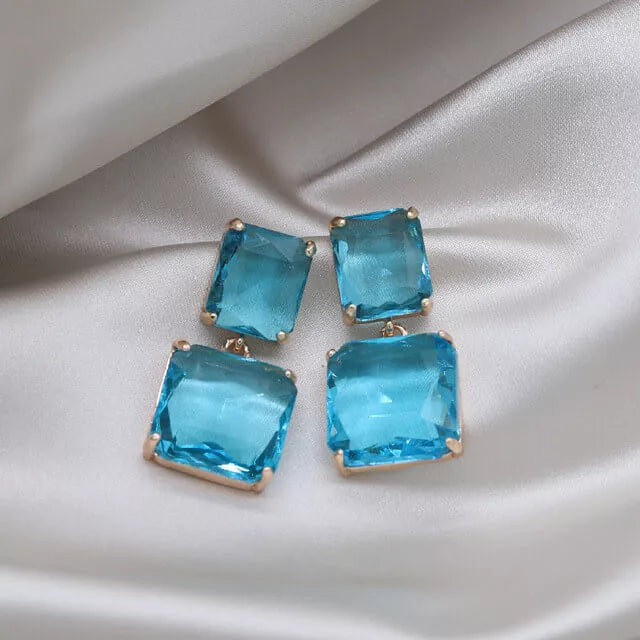 Boucles d'oreilles pierres de cristal bleu, bijou en plaqué or