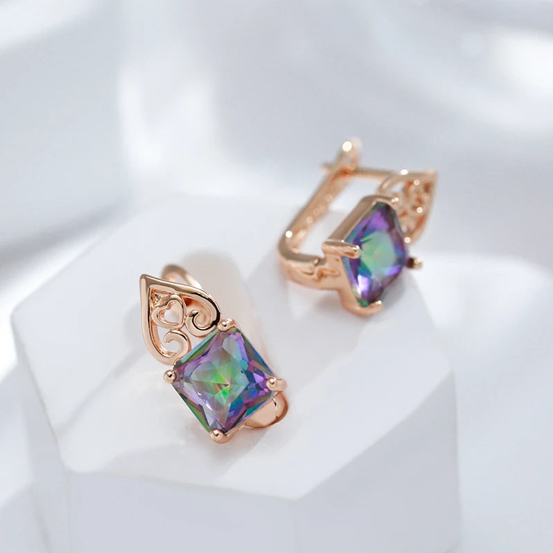 Boucles d'oreilles carrées, zircon multicolore, bijou en alliage plaqué or 585 (14 carats) et en zircons naturels