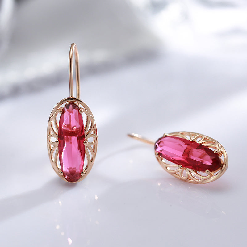 Boucles d'oreilles Tourmaline rose, bijou en alliage plaqué or 585 (14 carats) et en zircons naturels