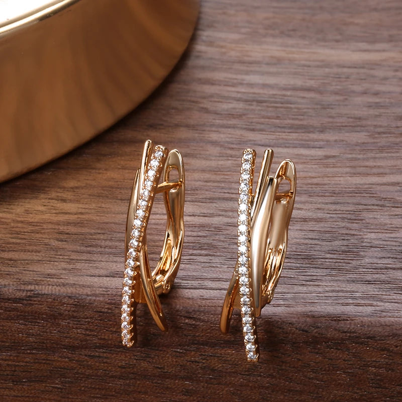 Boucles d'oreilles pavé géométrique de zircons, bijou en plaqué or rose 585 (1