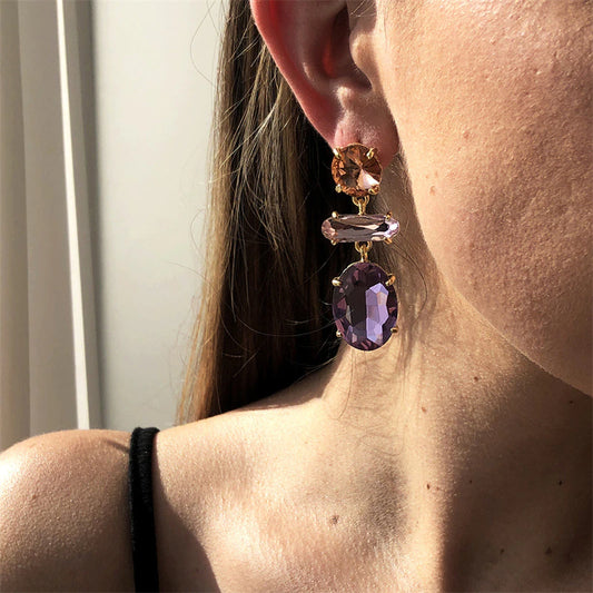 Boucles d'oreilles pierres de cristal multicolores, bijou en plaqué or 585 (14 carats) et en cristal