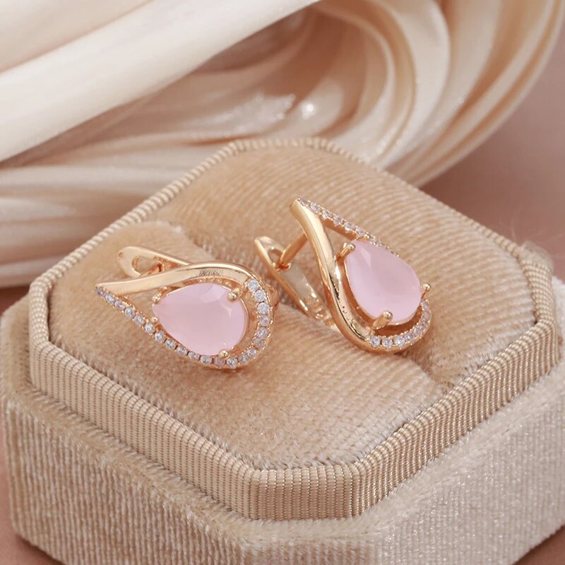Boucles d'oreilles goutte en zircon rose, bijou en plaqué or rose 585 (14 carats) et en zircons naturels