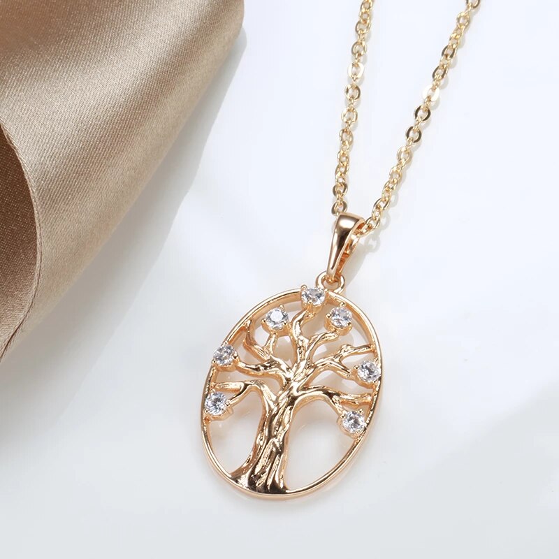Collier Arbre de Vie, bijou en alliage plaqué or rose et en zircons naturels