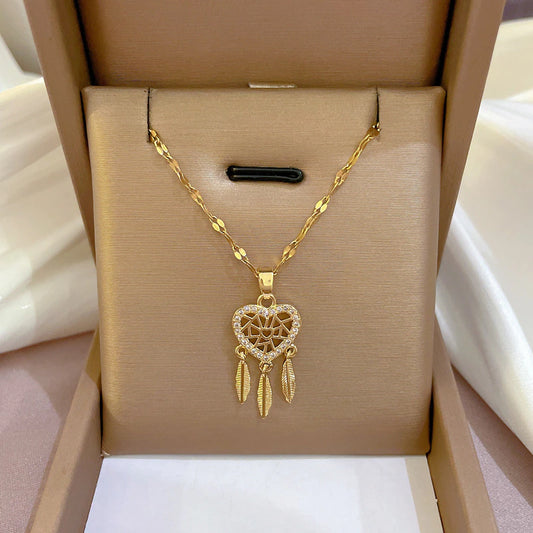 Collier Attrape-rêves, bijou en acier inoxydable doré et zircons naturels
