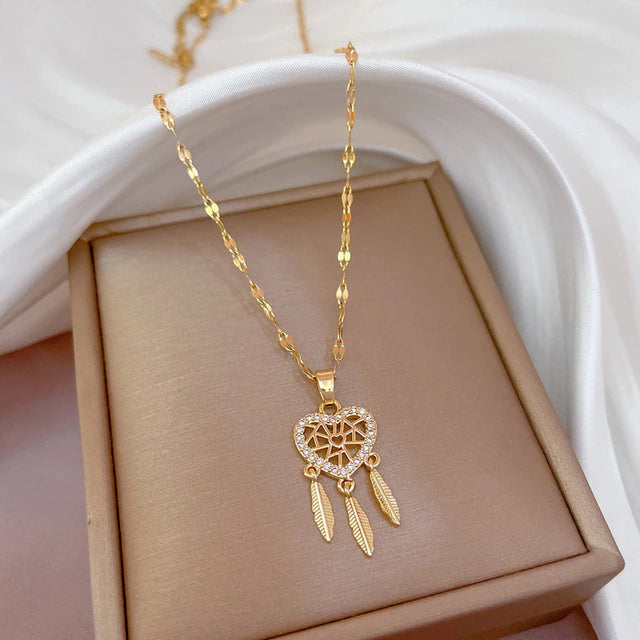 Collier Attrape-rêves, bijou en acier inoxydable doré et zircons naturels