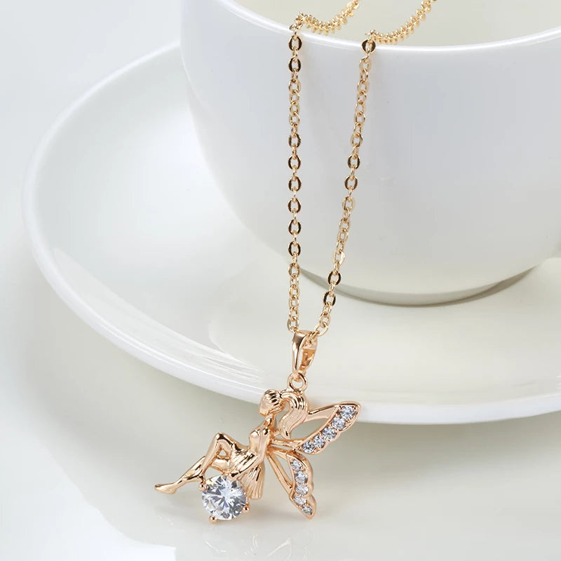 Collier Fée Zircons, bijou en alliage plaqué or 585 (14 carats) et en zircons naturels